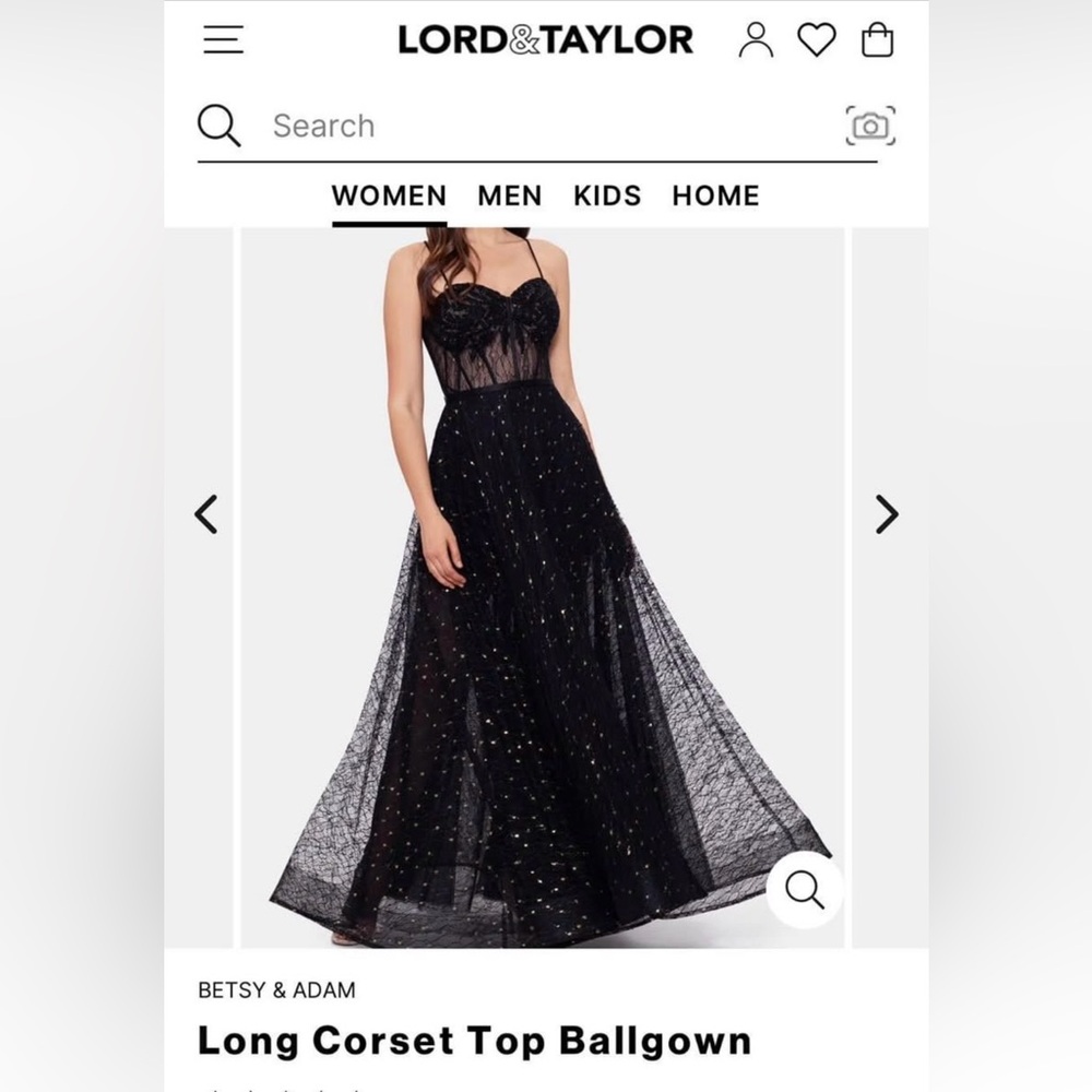 Betsy & Adam Long corset top ballgown.  Black  with Gold Accents.  Size 6